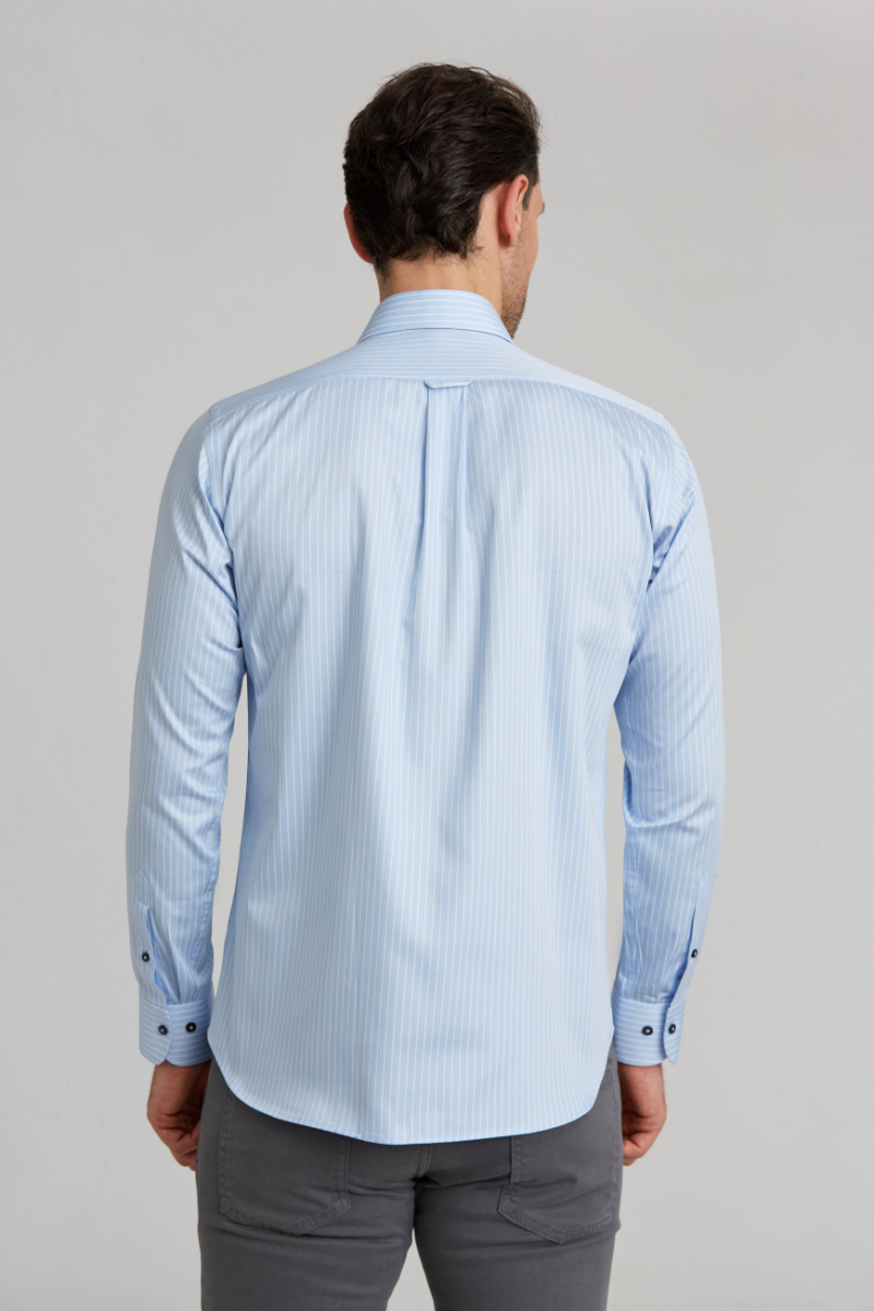 Regular Fit Yarım İtalyan Yaka İnce Çizgili Açık Mavi Erkek Gömlek - 2