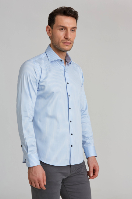 Regular Fit Yarım İtalyan Yaka İnce Çizgili Açık Mavi Erkek Gömlek - 5