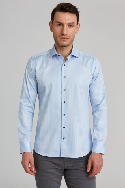Regular Fit Yarım İtalyan Yaka İnce Çizgili Açık Mavi Erkek Gömlek