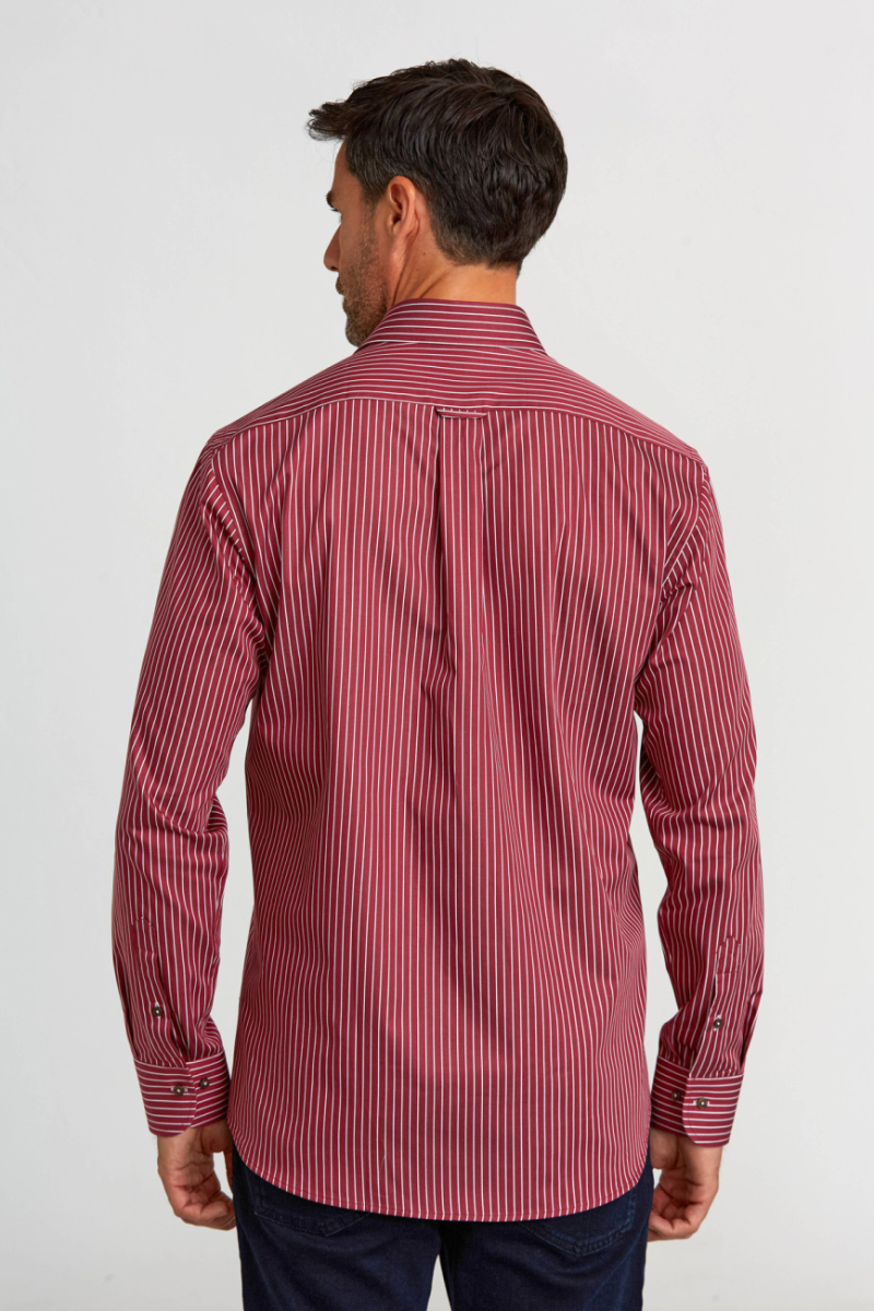 Regular Fit Yarım İtalyan Yaka İnce Çizgili Bordo Erkek Gömlek - 2