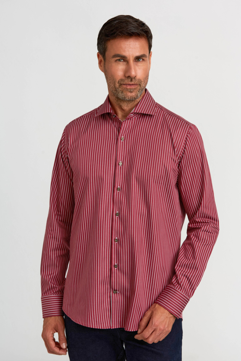 Regular Fit Yarım İtalyan Yaka İnce Çizgili Bordo Erkek Gömlek - 1