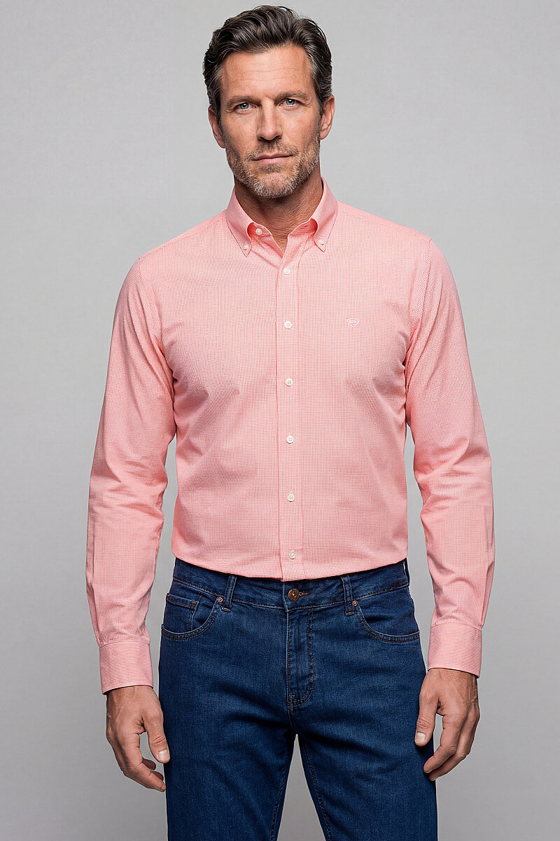 Regular Fit Yazlık Kareli Pamuk Turuncu Erkek Gömlek - 1