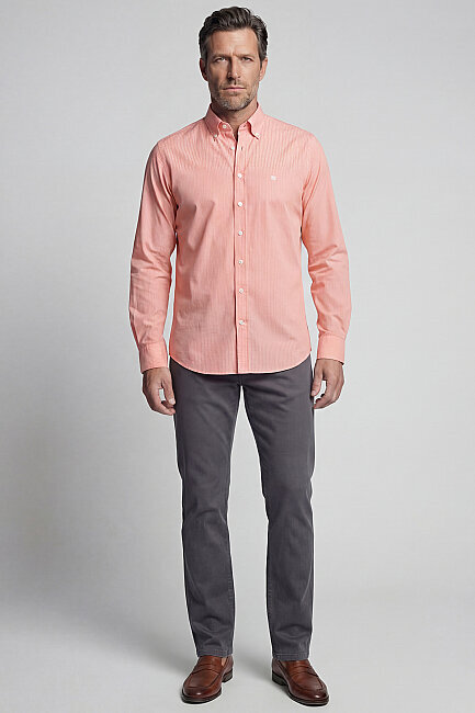 Regular Fit Yazlık Kareli Pamuk Turuncu Erkek Gömlek - 6