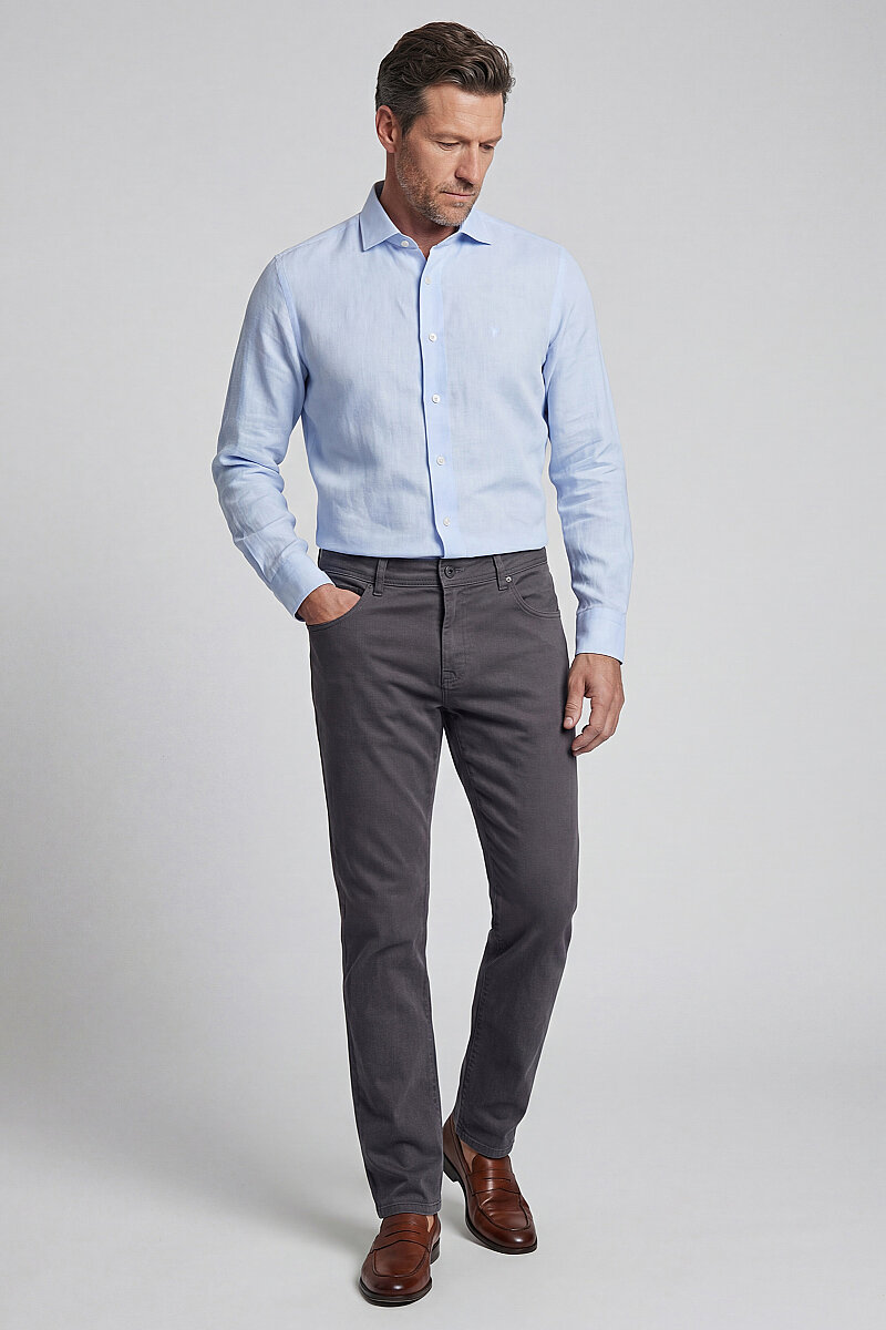 Regular Fit Yumuşak Gabardin Keten Mavi Erkek Gömlek - 5