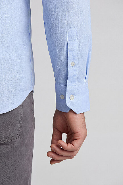 Regular Fit Yumuşak Gabardin Keten Mavi Erkek Gömlek - 4