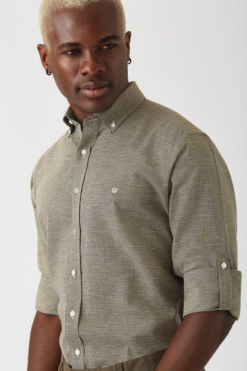 Sarı Pamuk Kareli Spor Gömlek - 3