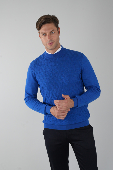 Sax Yarım Balıkçı Ön Jakar Yün Erkek Triko