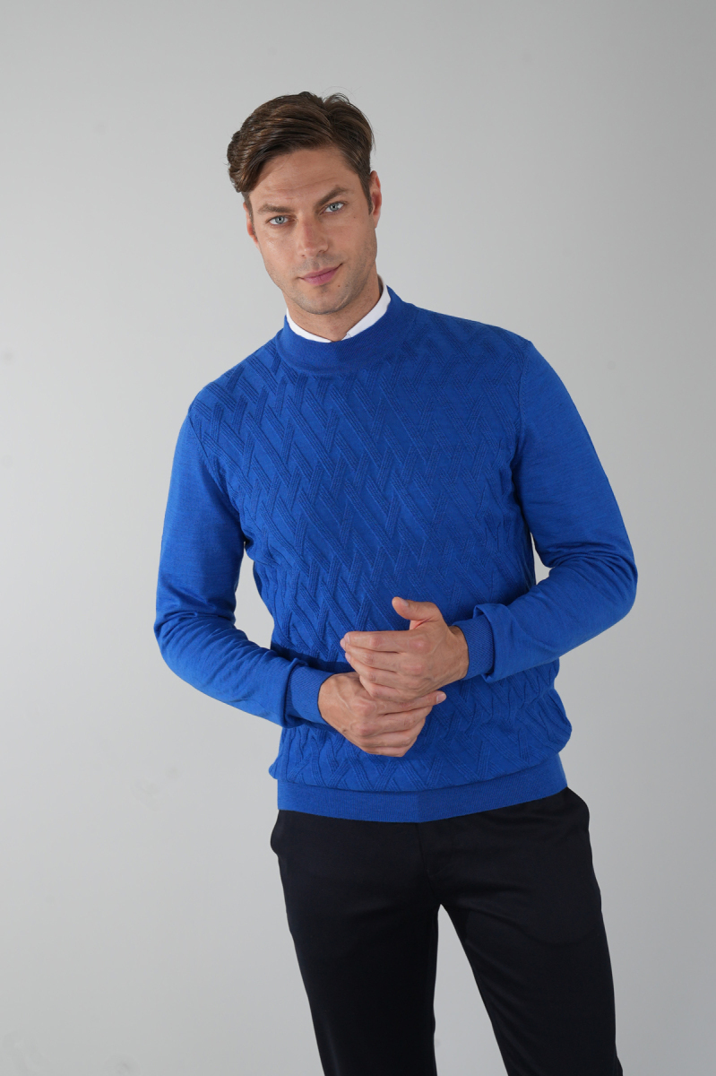 Sax Yarım Balıkçı Ön Jakar Yün Erkek Triko