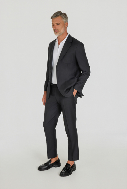 Siyah Comfort Fit İtalyan Yaka Sedef Düğmeli 6 Drop Yün Takım Elbise (1)