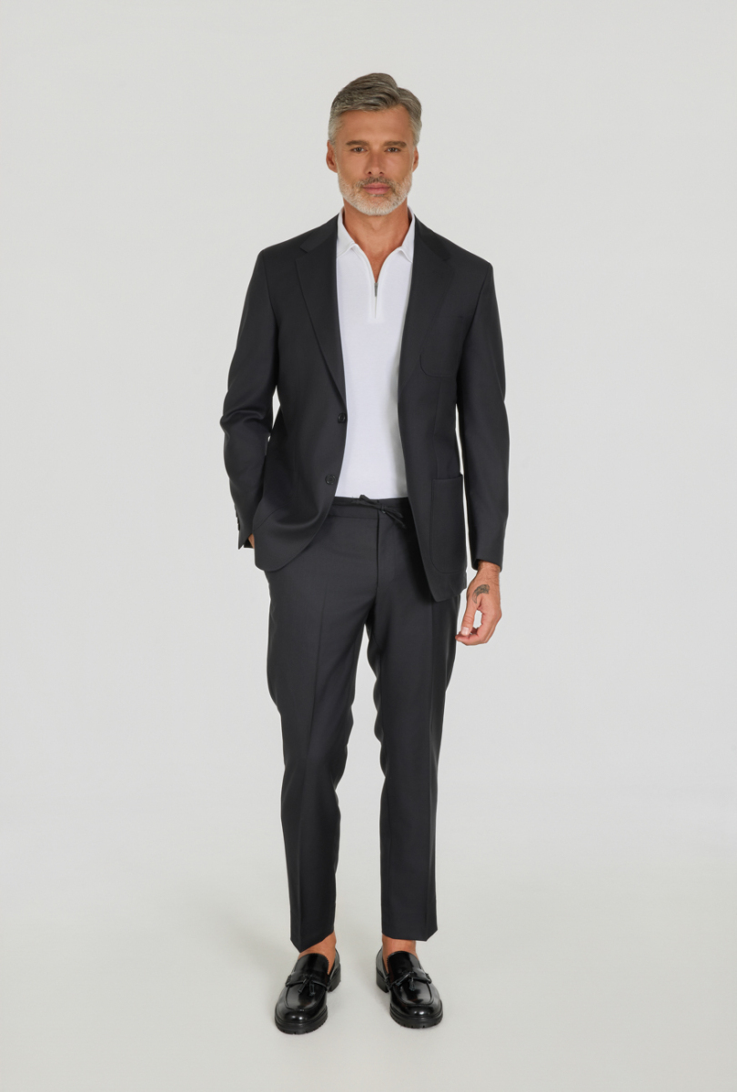 Siyah Comfort Fit İtalyan Yaka Sedef Düğmeli 6 Drop Yün Takım Elbise - 1