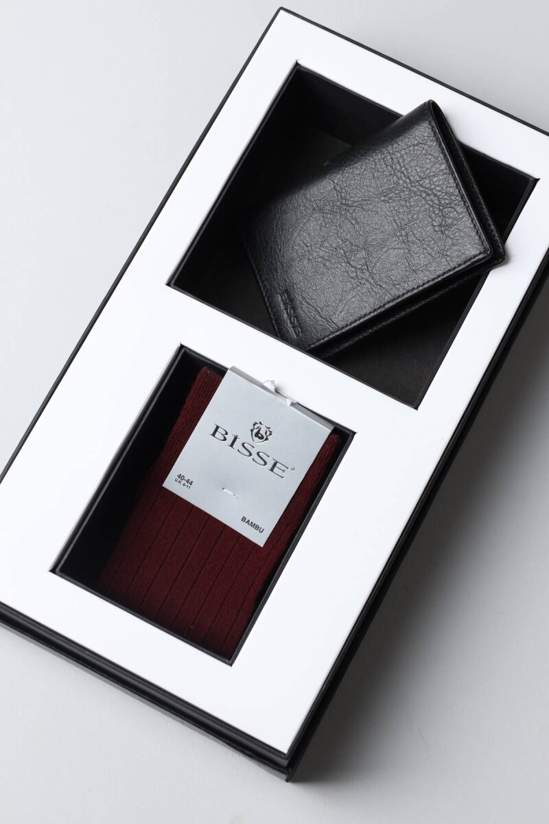 Siyah Deri Cüzdan & Bordo Pamuk Çorap 2'li Erkek Hediye Seti - 1