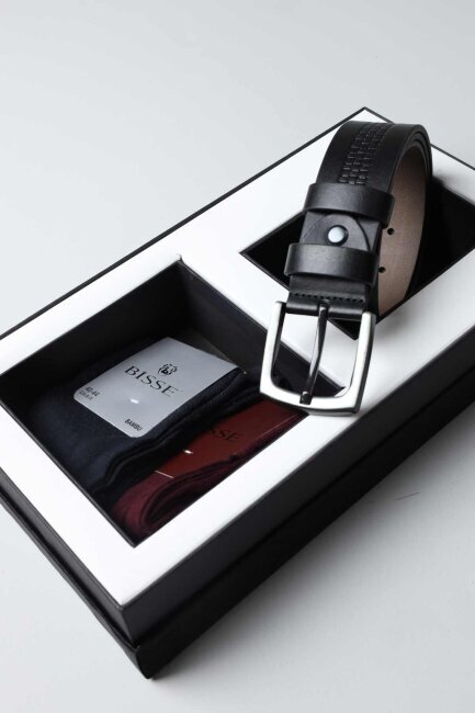 Siyah Deri Kemer & 2'li Çorap Erkek Hediye Seti (1)