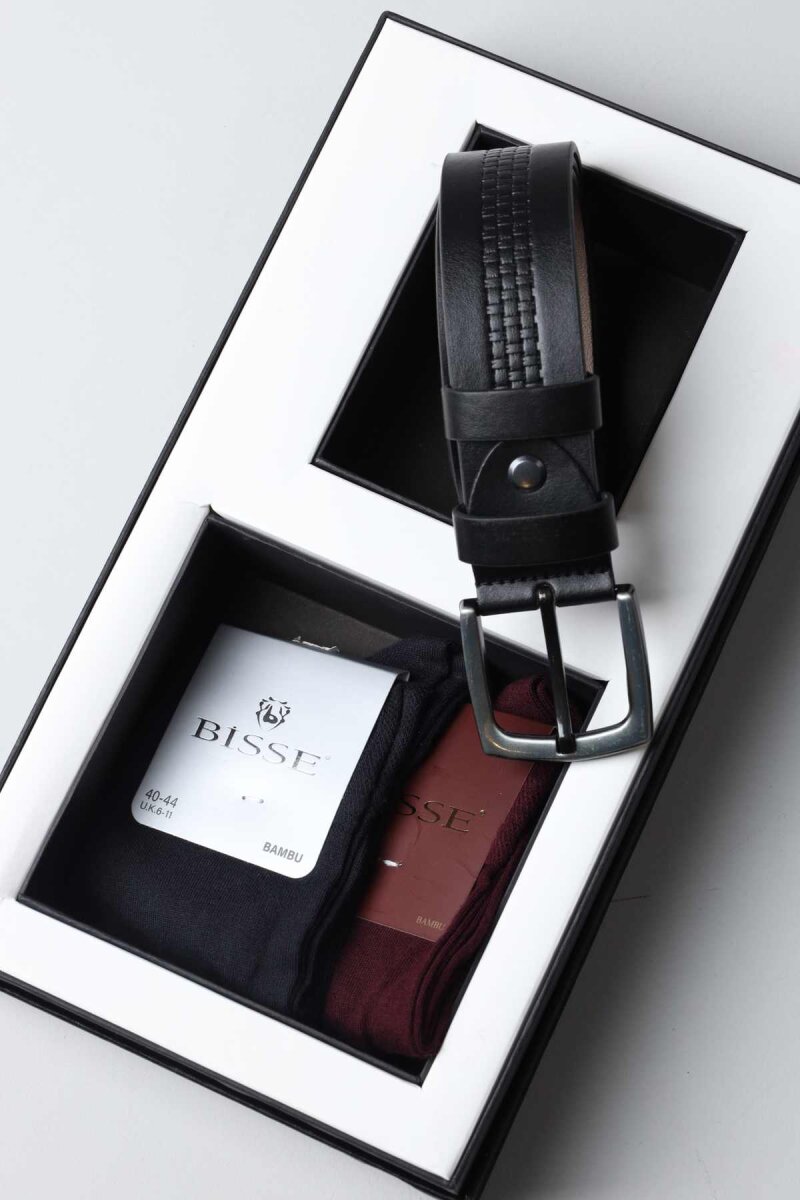 Siyah Deri Kemer & 2'li Çorap Erkek Hediye Seti - 1