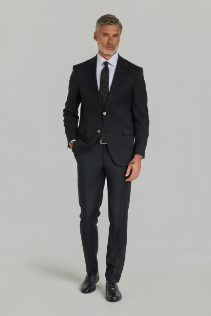 Siyah Dokuma Mono Yaka Çift Yırtmaçlı 6 Drop Yün Klasik Takım Elbise (1)