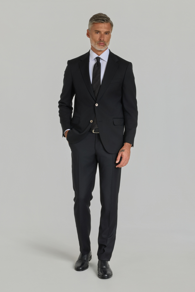 Siyah Dokuma Mono Yaka Çift Yırtmaçlı 6 Drop Yün Klasik Takım Elbise - 2