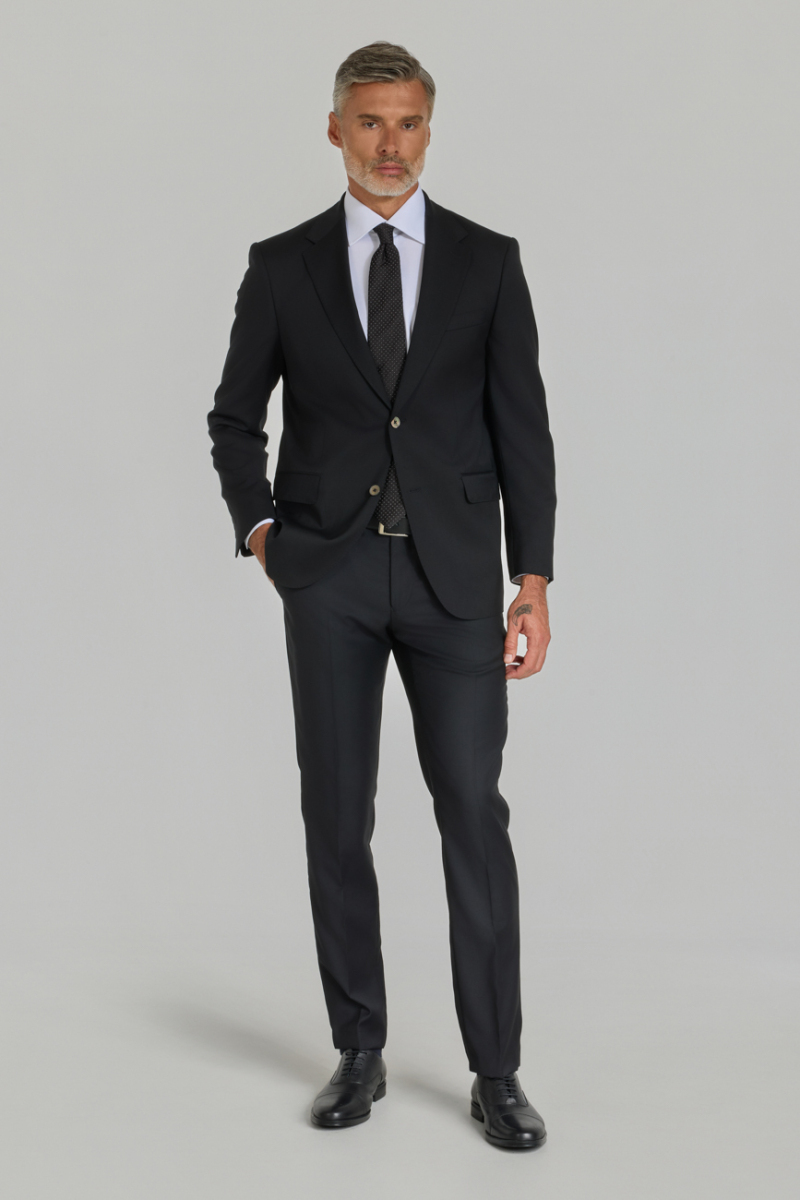 Siyah Dokuma Mono Yaka Çift Yırtmaçlı 6 Drop Yün Klasik Takım Elbise - 1