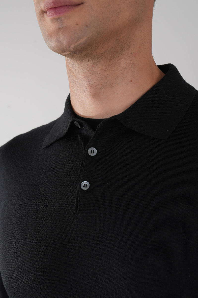 Siyah Düğmeli Polo Yaka Erkek Yün Triko - 3