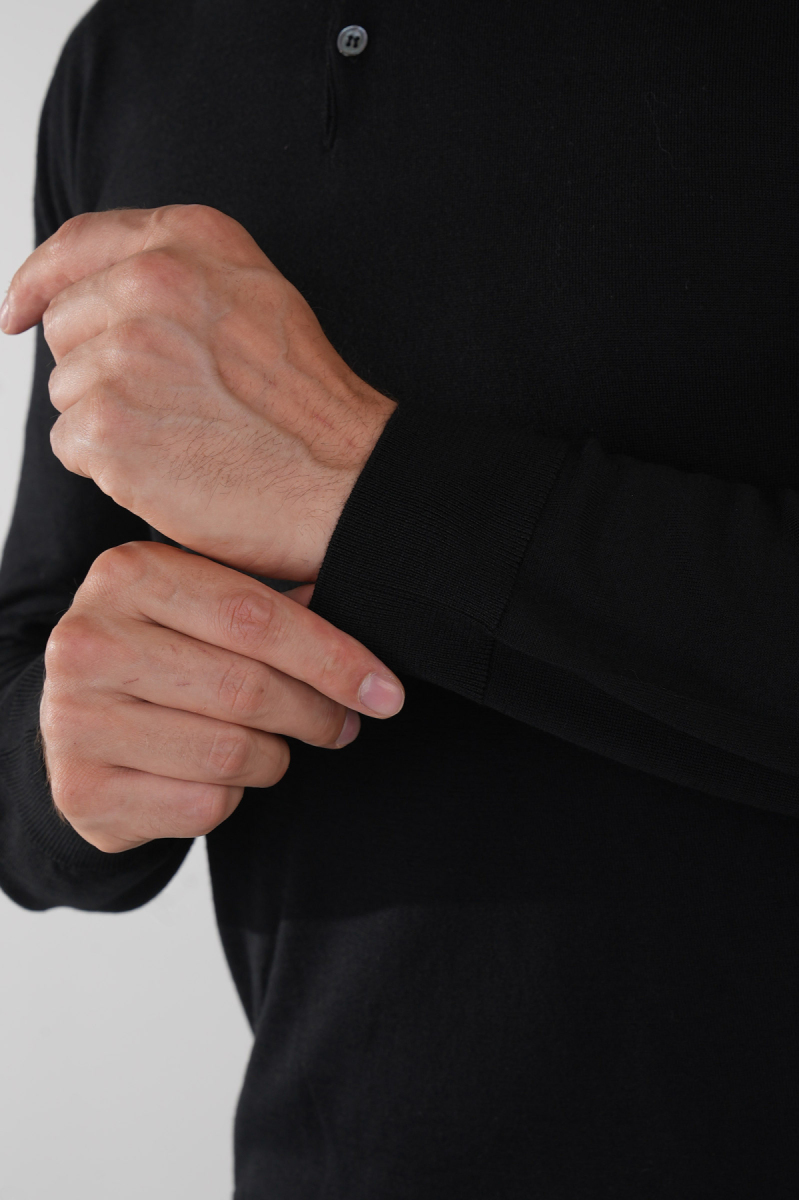 Siyah Düğmeli Polo Yaka Erkek Yün Triko - 4