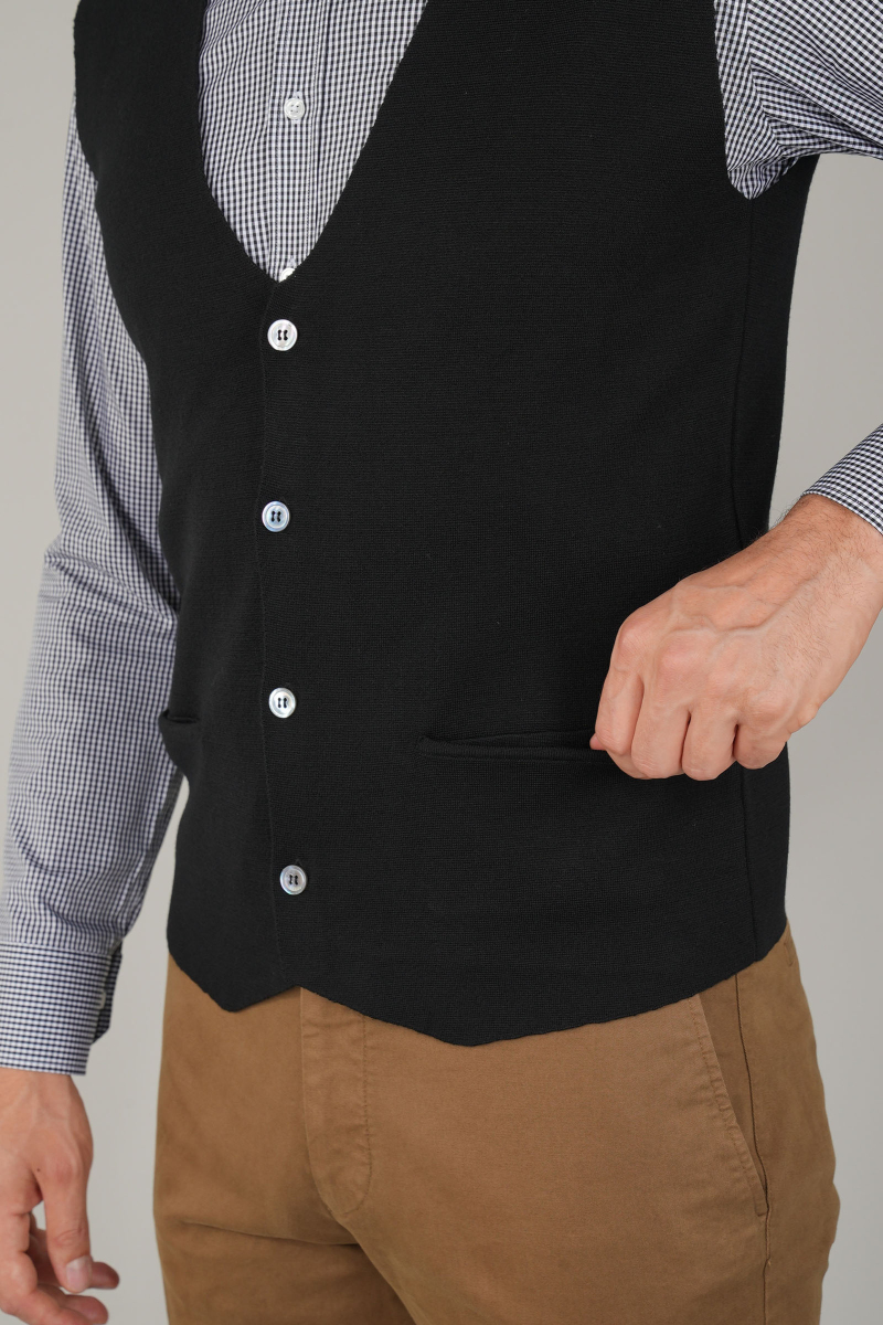 Siyah Düz Triko Yün Erkek Yelek - 3