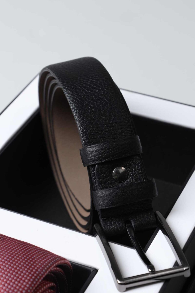 Siyah Kemer & Armürlü Kravat 2'li Erkek Hediye Seti - 3