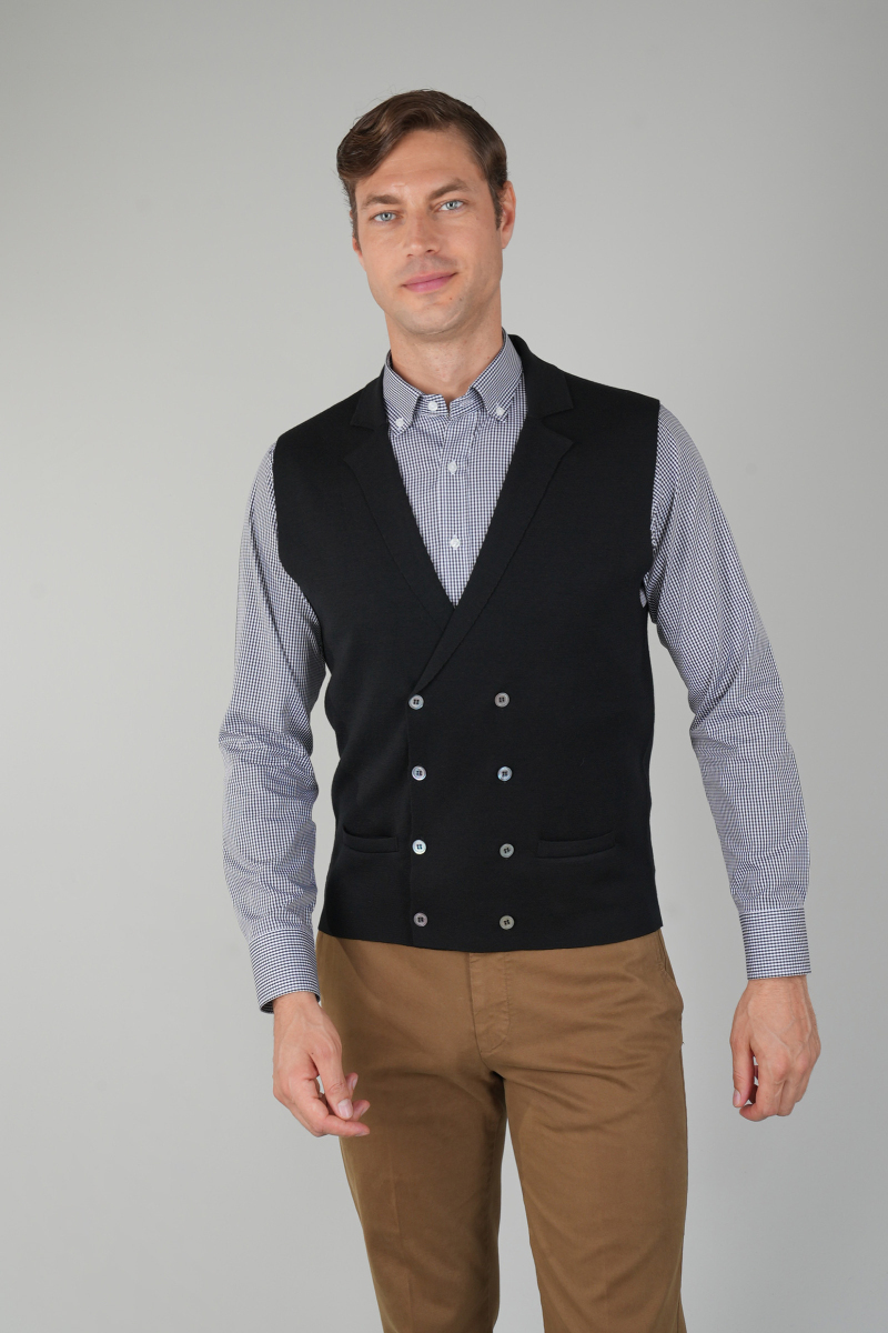 Siyah Kruvaze Yün Erkek Yelek