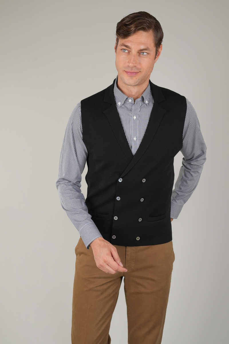 Siyah Kruvaze Yün Erkek Yelek - 4