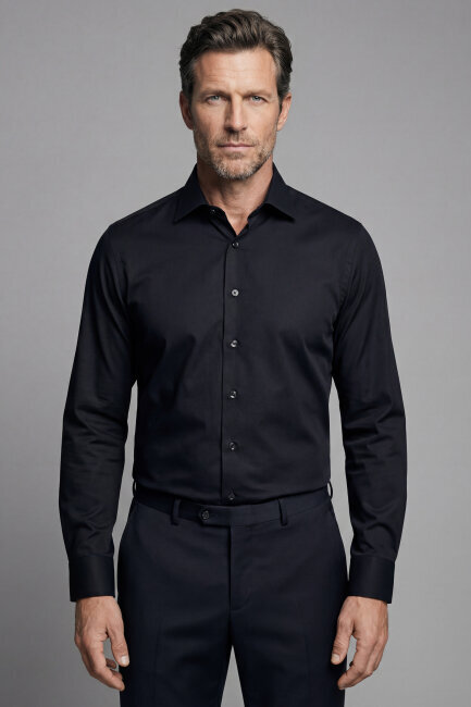 Siyah Uzun Kol Klasik Yaka Cepsiz Erkek Gömlek   