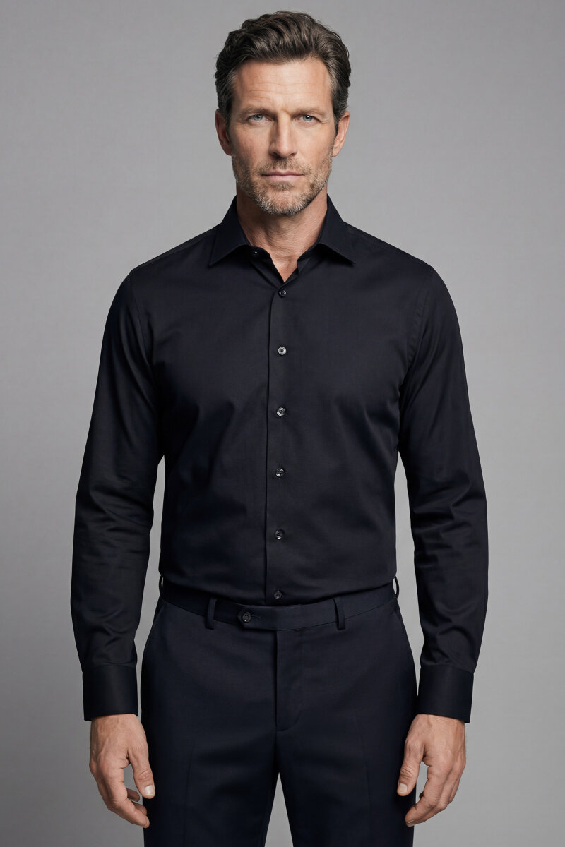 Siyah Uzun Kol Klasik Yaka Cepsiz Erkek Gömlek   - 1