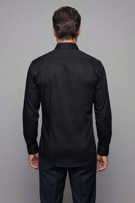 Siyah Uzun Kol Klasik Yaka Cepsiz Erkek Gömlek   - 2
