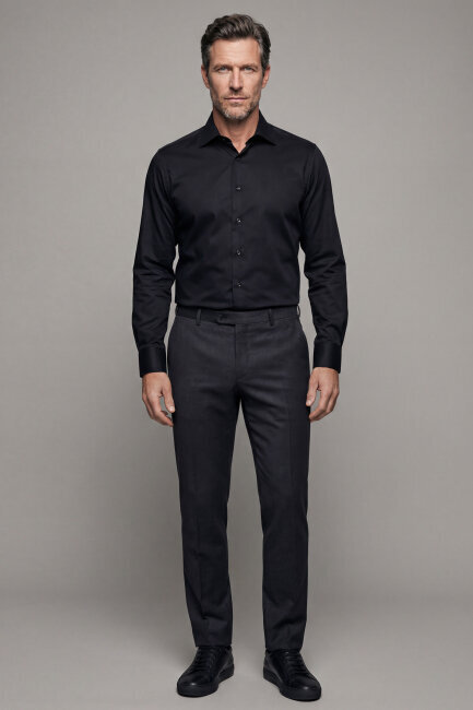 Siyah Uzun Kol Klasik Yaka Cepsiz Erkek Gömlek   - 4