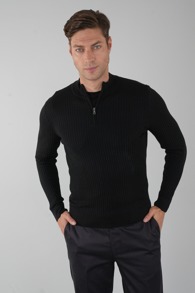 Siyah Yarım Balıkçı Fermuarlı Full Jakar Yün Erkek Triko