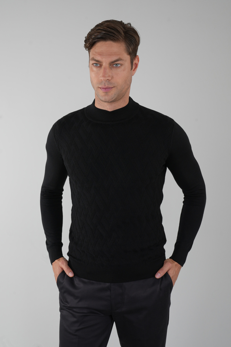 Siyah Yarım Balıkçı Ön Jakar Yün Erkek Triko