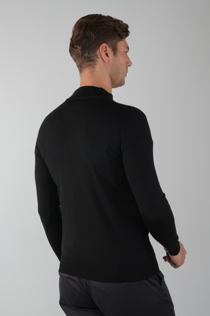 Siyah Yarım Balıkçı Ön Jakar Yün Erkek Triko - 2