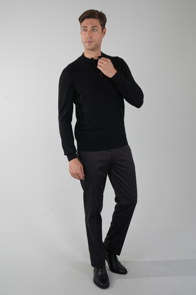 Siyah Yarım Balıkçı Yaka Fermuar Detaylı Jakarlı Erkek Triko - 5