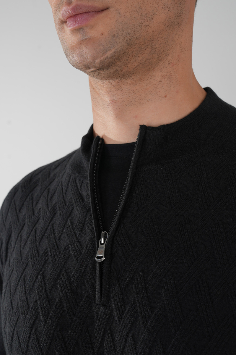 Siyah Yarım Balıkçı Yaka Fermuar Detaylı Jakarlı Erkek Triko - 3