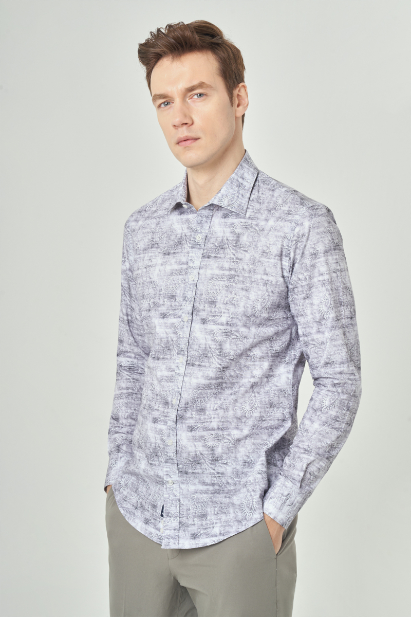 Slim Fit Gri Klasik Spor Erkek Gömlek - 1