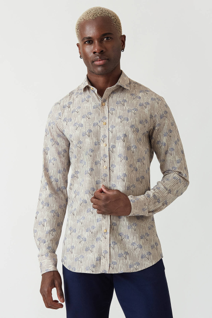 Slim Fit Kahve Desenli Ram Yaka Spor Erkek Gömlek