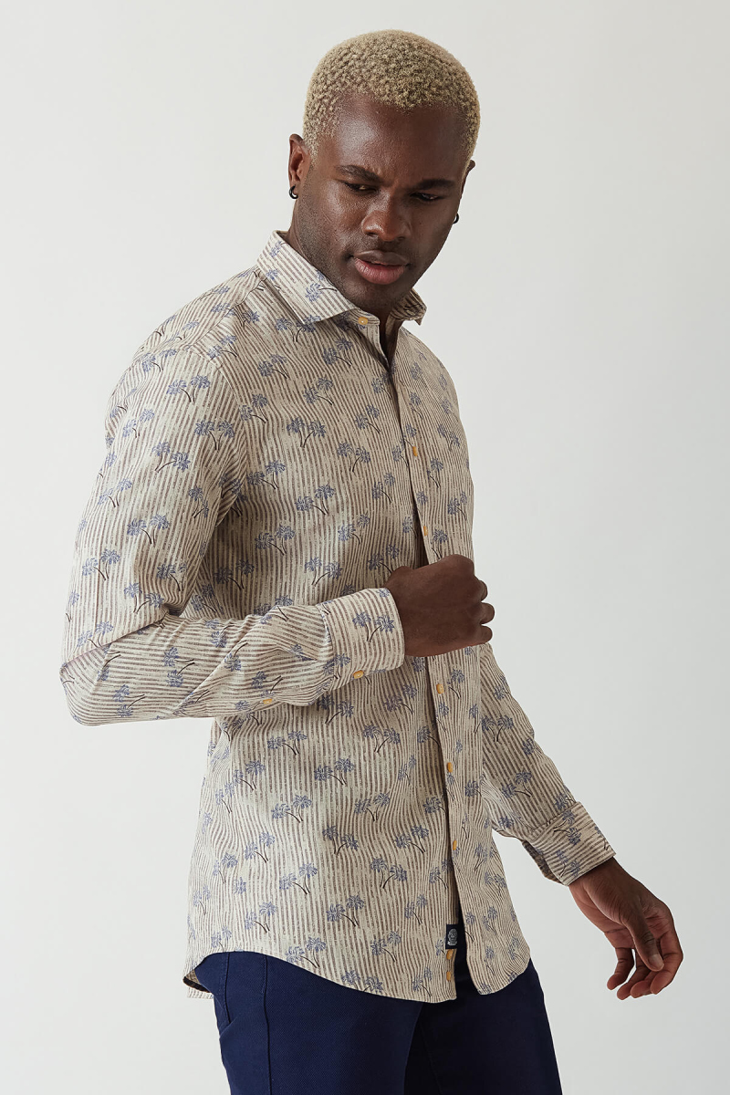 Slim Fit Kahve Desenli Ram Yaka Spor Erkek Gömlek - 4