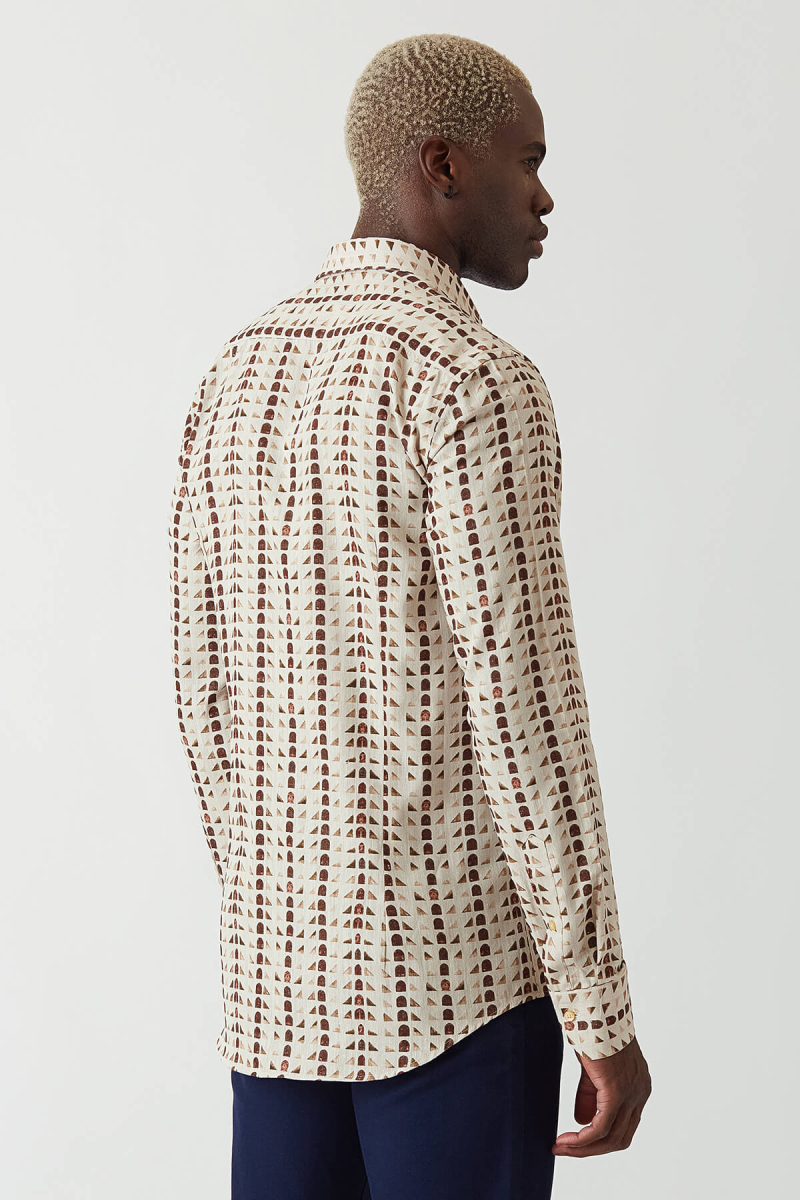 Slim Fit Long Sleeve Coffee Patterned Sport Men's Shirt (1)