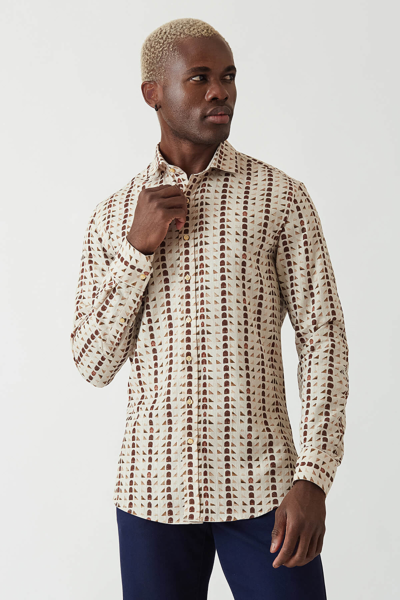 Slim Fit Long Sleeve Coffee Patterned Sport Men's Shirt