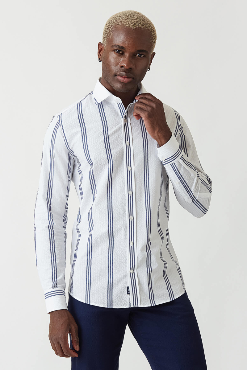 Slim Fit Lacivert Çizgili Spor Tarzı Erkek Gömlek