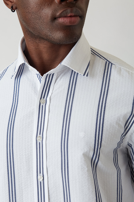 Slim Fit Lacivert Çizgili Spor Tarzı Erkek Gömlek - 3