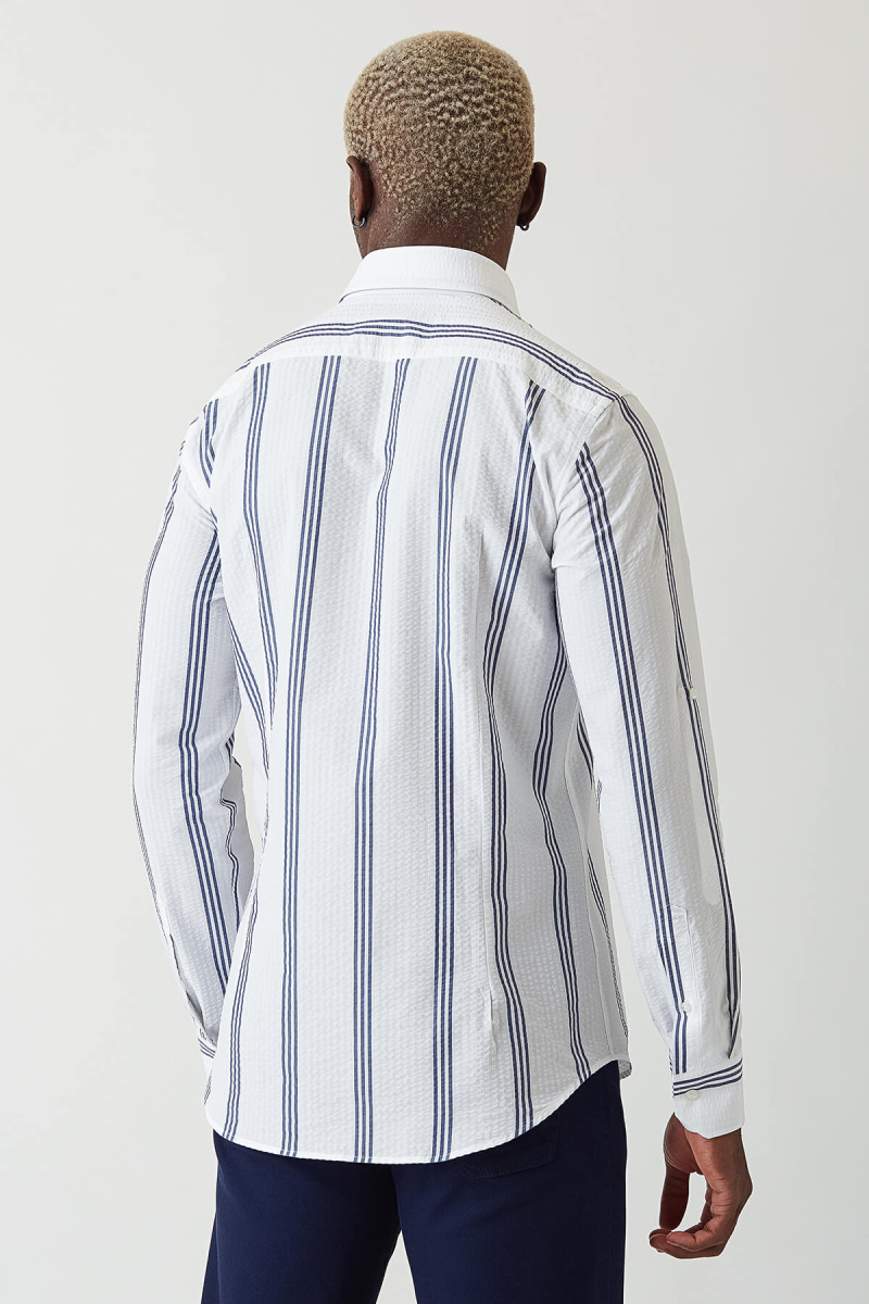 Slim Fit Lacivert Çizgili Spor Tarzı Erkek Gömlek (1)