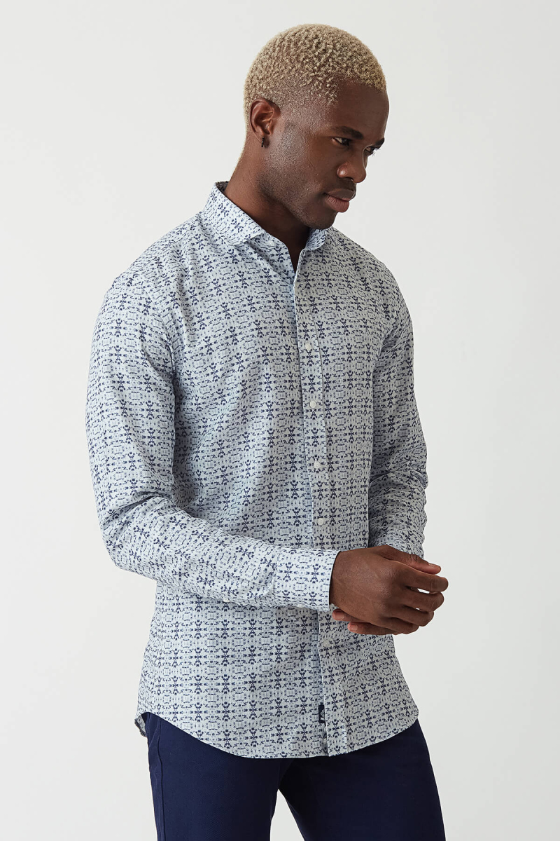 Slim Fit Lacivert Desenli Uzun Kollu Spor Erkek Gömlek - 5