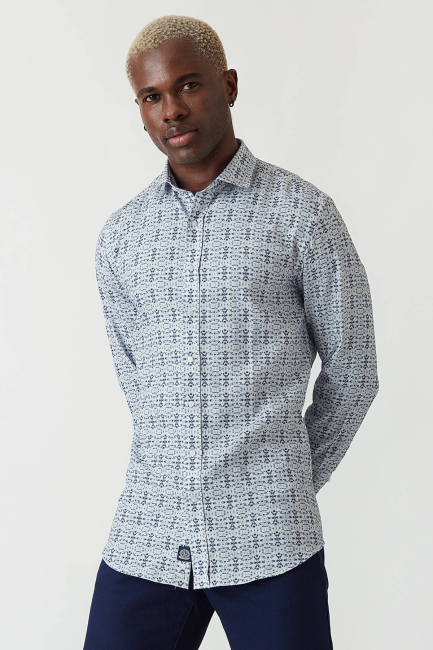 Slim Fit Lacivert Desenli Uzun Kollu Spor Erkek Gömlek