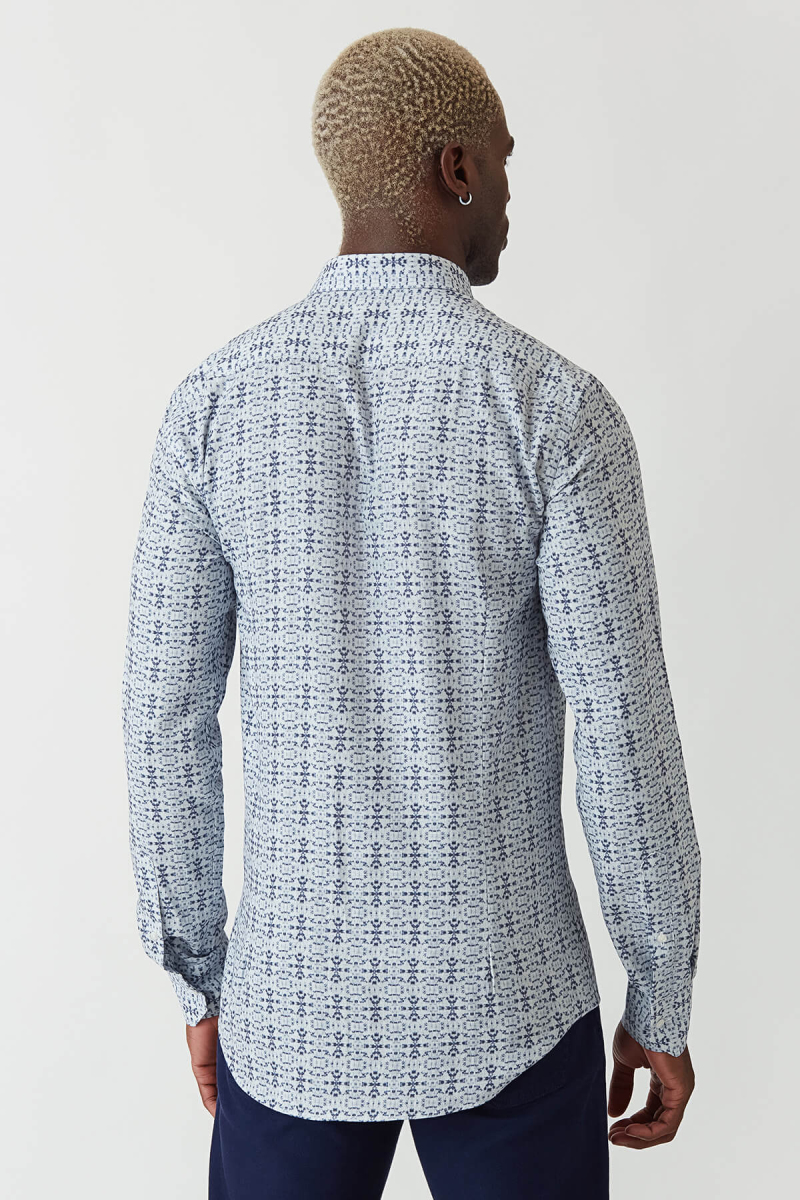 Slim Fit Lacivert Desenli Uzun Kollu Spor Erkek Gömlek (1)