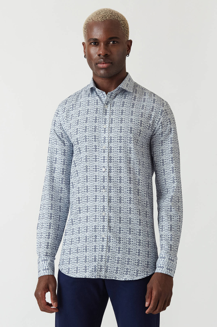 Slim Fit Lacivert Desenli Uzun Kollu Spor Erkek Gömlek - 4