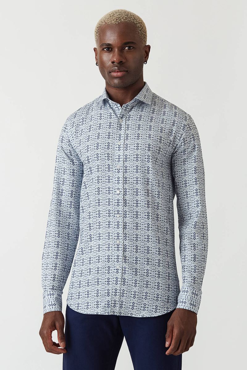 Slim Fit Lacivert Desenli Uzun Kollu Spor Erkek Gömlek - 4