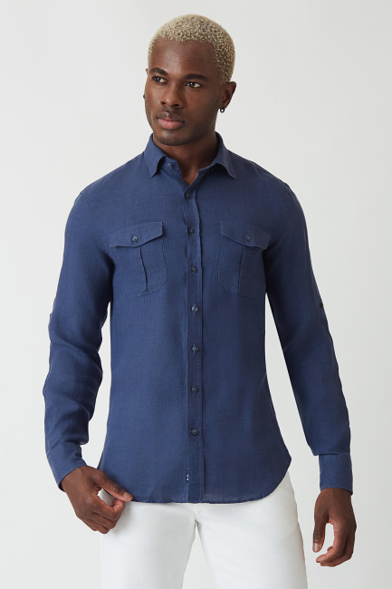 Men’s Slim Fit Long Sleeve Linen Shirt NAVY BLUE