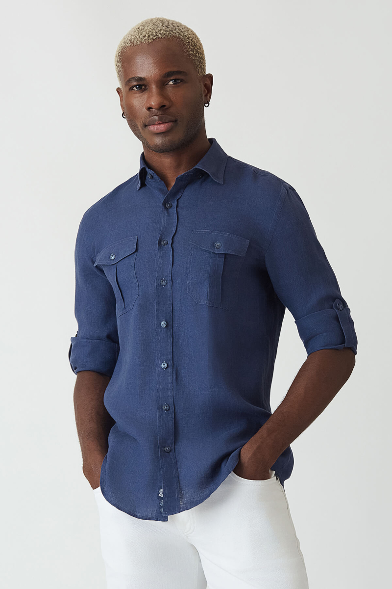 Slim Fit Lacivert Keten Erkek Gömlek - 5